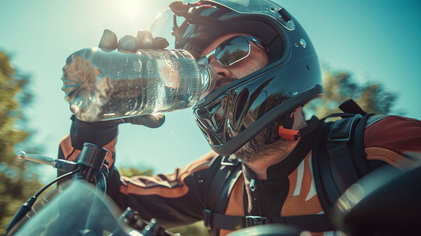 Motorrijden in de zomer Close up of a motorcyclist drinking from a camelbak wh c10c9a7d 5037 4922 adb4 737a26c17041