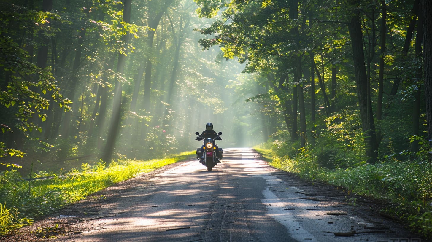 Motorrijden in de zomer Early morning motorcycle ride through a lush shadowy f 4e240b8e 330a 42b7 8a95 2ac95dbd7f29