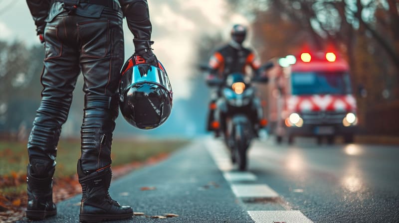 Motorverzekering Photorealistic photo of a motorcyclist holding a damag 375ff3a9 bd96 431c 9a54 3e8c05e42a5b