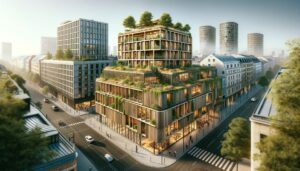 biobased building The image shows an urban environment where several buildings are constructed using