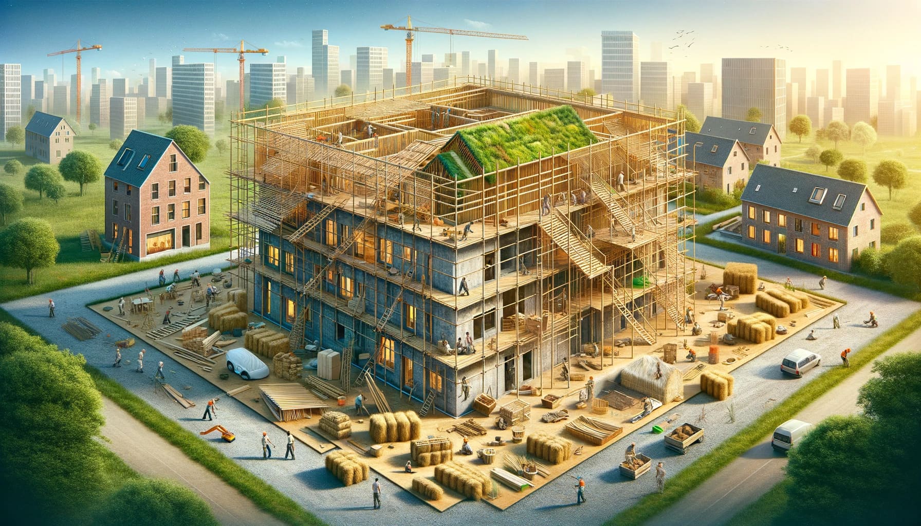 biobased construction. The image shows a construction site where buildings are being built using natur