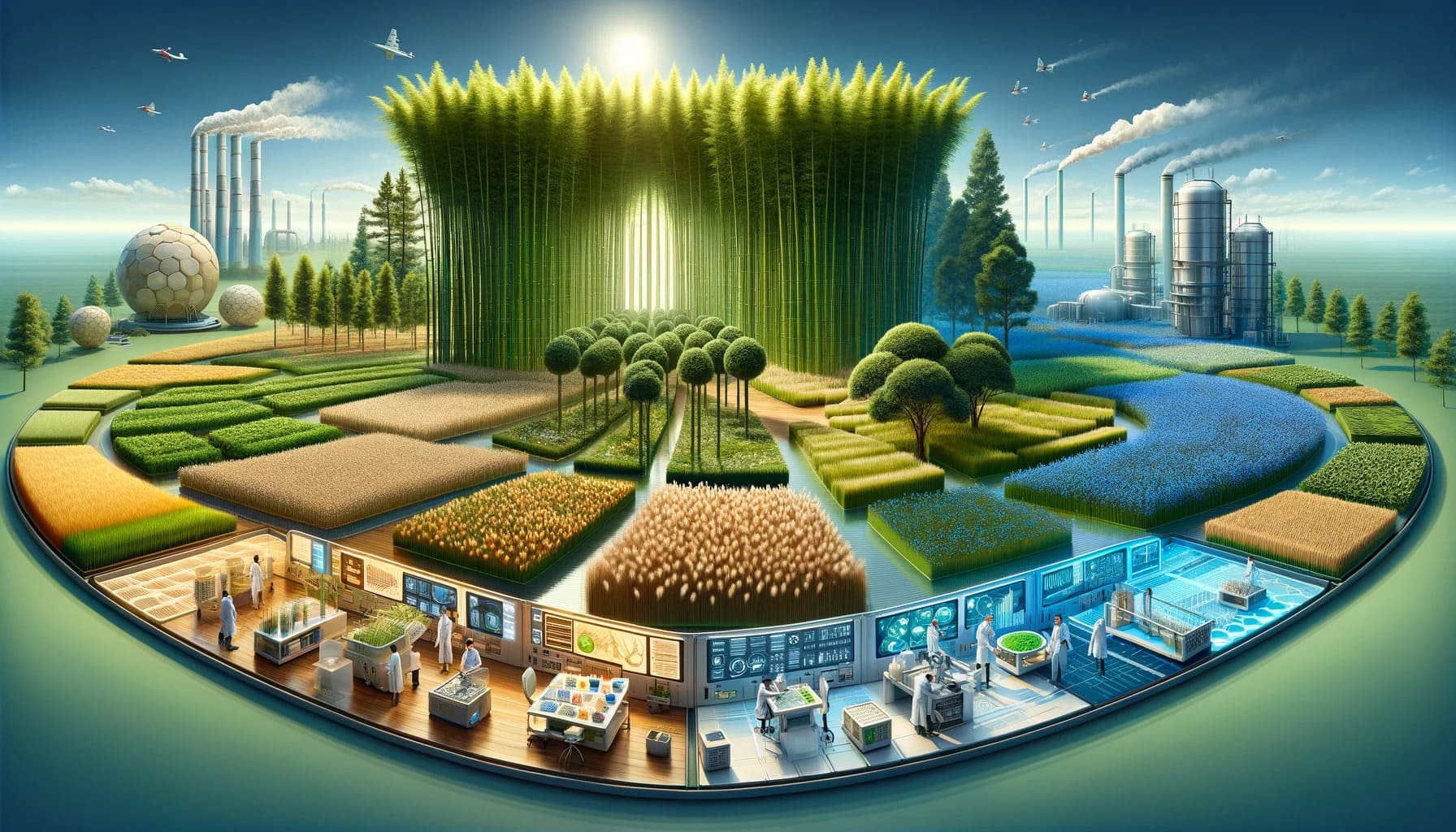 various sources of bio based resources. The scene is divided into different sections each illustrating a different bio b